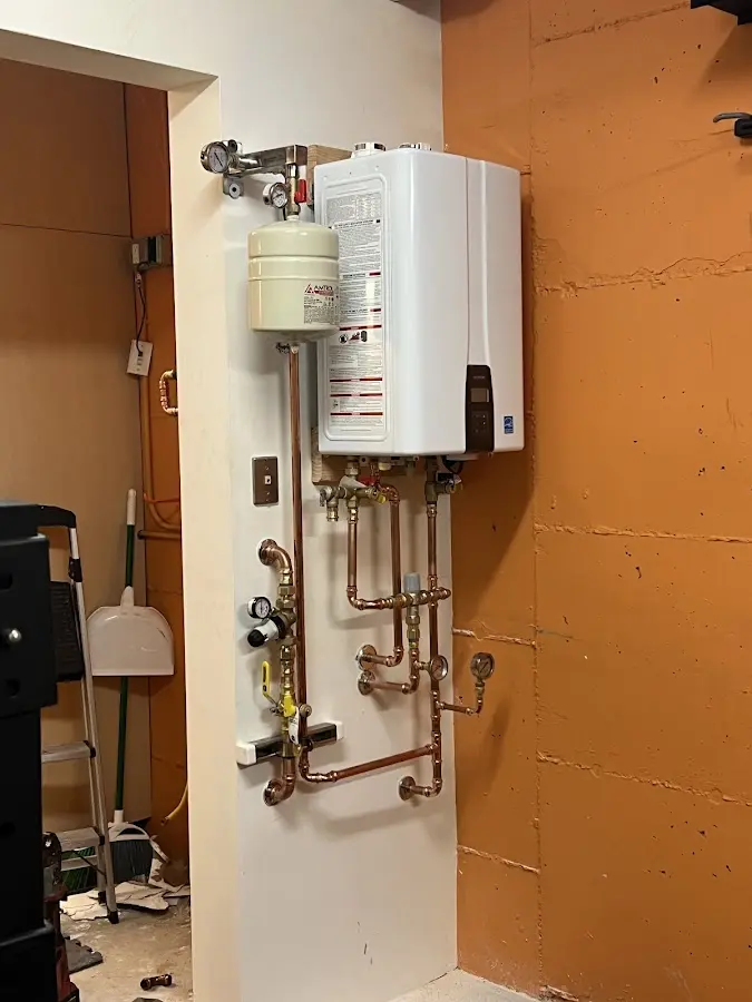 Plumbing technician inspecting water heater connections in Balm
